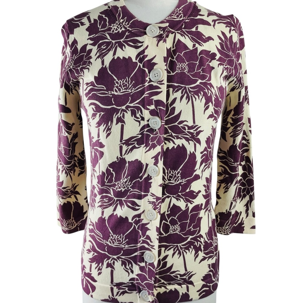 Isaac Mizrahi for Target Cream & Plum Floral Button-Up Cardigan, Size Small